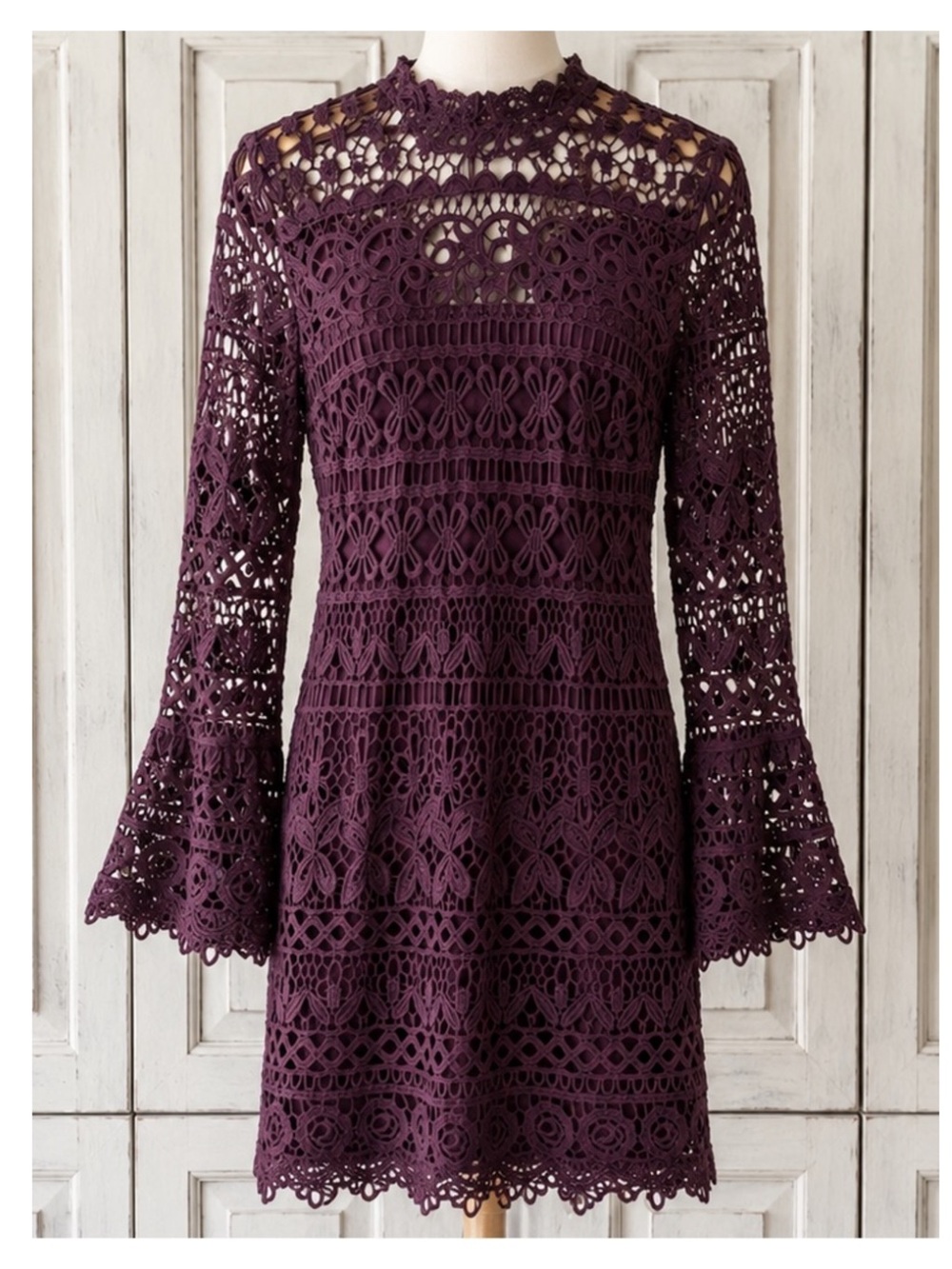 NWT JUST ME 3D Lace Bell Sleeve Mini Dress in Deep Wine SMALL